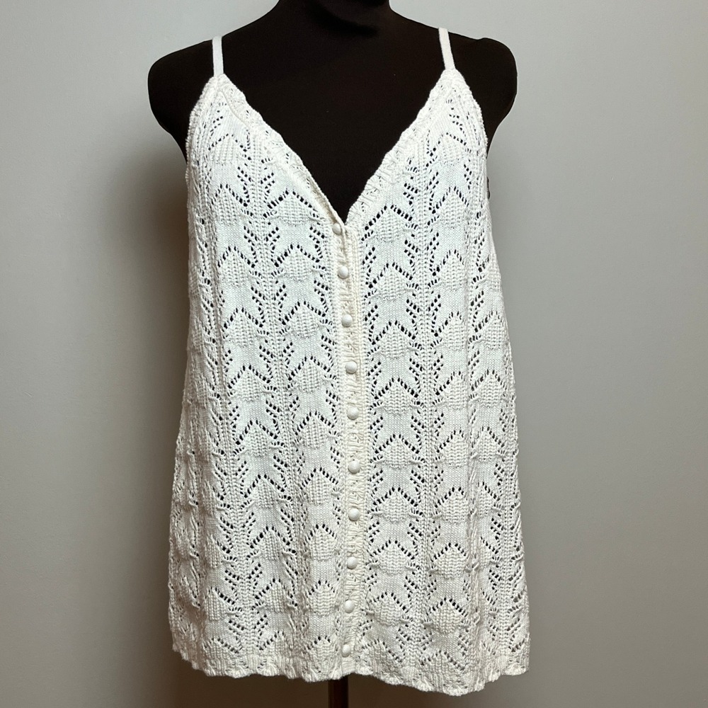 NWT Aerie Womens XL Ivory Pointelle Knit Button Front Cami Tank Top 100% Cotton